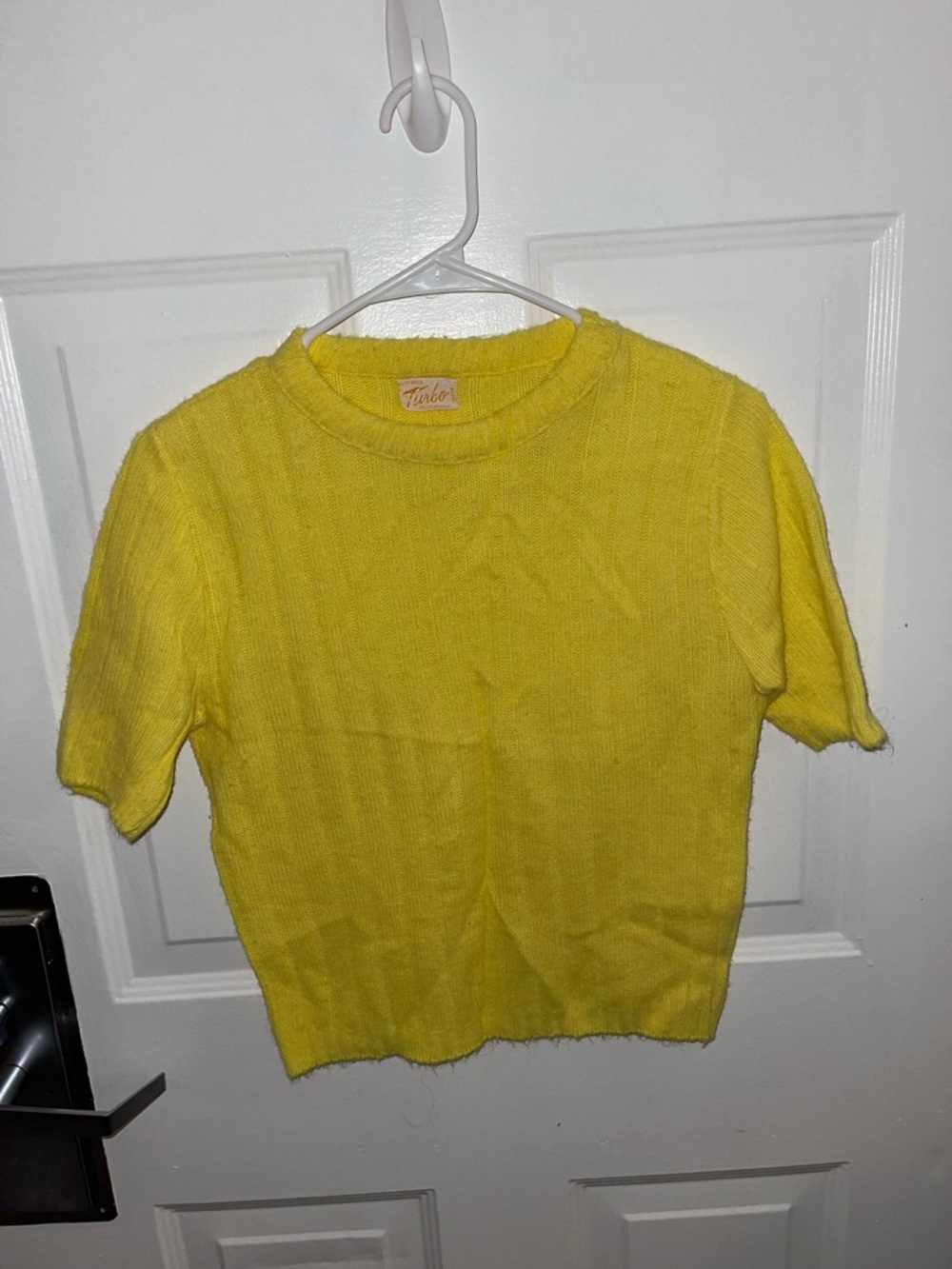 Vintage Turbo Ladies Petite Yellow Knit Short Sleeve Sweater Shirt